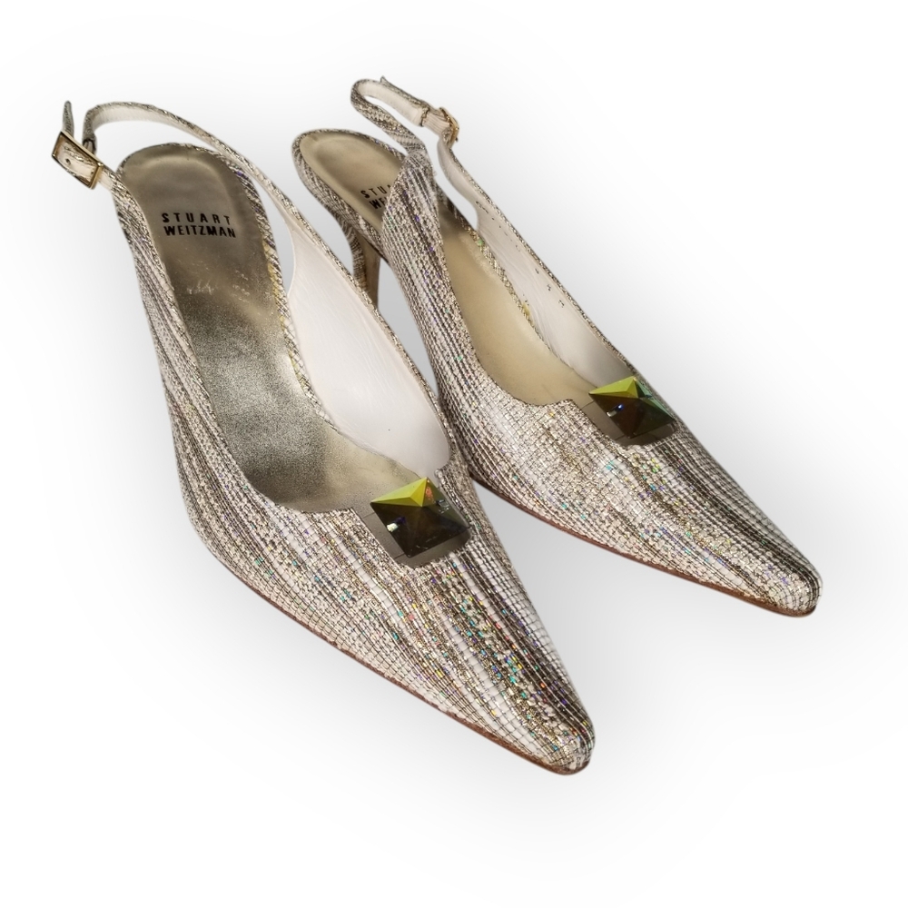 Vintage Stuart Weitzman Aurora Glitter Sling Back Pumps Shoes Silver Gold 8.5